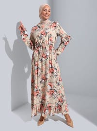 Natural Fabric Ruffle Detailed Dress Powder Floral