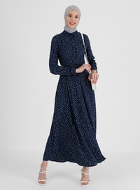 Navy Blue - Polka Dot - Point Collar - Unlined - Modest Dress