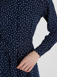 Navy Blue - Polka Dot - Point Collar - Unlined - Modest Dress