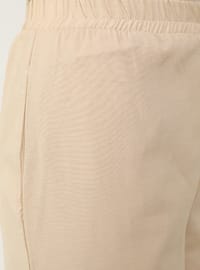 Elastic Waist Cotton Oxford Bag Trousers - Beige - Casual