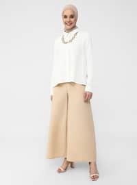 Elastic Waist Cotton Oxford Bag Trousers - Beige - Casual