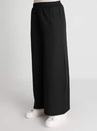 Elastic Waist Cotton Oxford Bag Trousers - Black - Casual