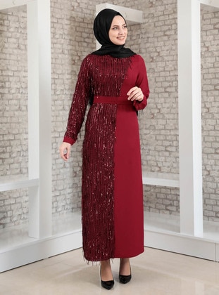 Maroon - Unlined - Crew neck - Muslim Evening Dress - Fashion Showcase Design