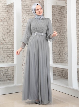 Gray - Fully Lined - Crew neck - Muslim Evening Dress - Fashion Showcase Design