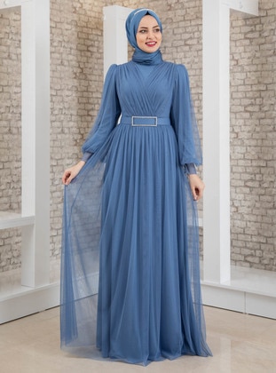 Stone Detailed Tulle Hijab Evening Dress Indigo