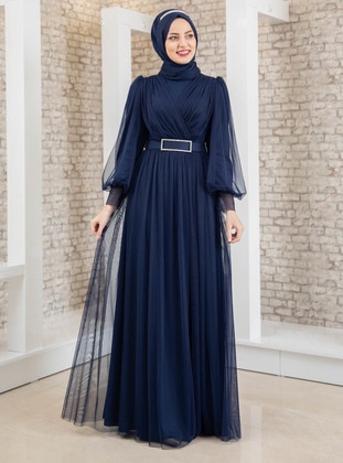 Navy Blue - Fully Lined - Crew neck - Muslim Evening Dress - Fashion Showcase Design