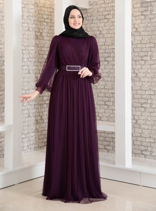 Purple - Fully Lined - Crew neck - Muslim Evening Dress - Fashion Showcase Design