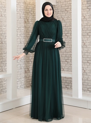 Petrol - Fully Lined - Crew neck - Muslim Evening Dress - Fashion Showcase Design