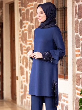 Flywheel Sleeve Sequin Detail Tunic & Pants Two Piece Hijab Evening Dresses Indigo