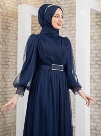 Navy Blue - Fully Lined - Crew neck - Muslim Evening Dress