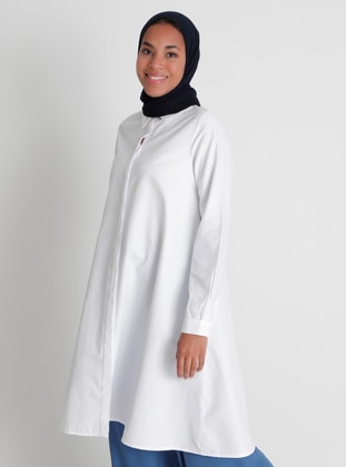Oversized Cotton Tunic with Hidden Placket - White - Refka Casual