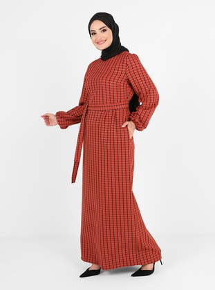 Square Patterned Belted Dress - Tile - Tavin