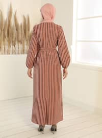 Square Patterned Belted Dress - Dusty Rose