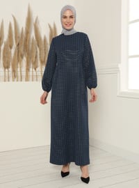 Square Patterned Belted Dress - Navy Blue
