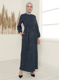 Square Patterned Belted Dress - Navy Blue