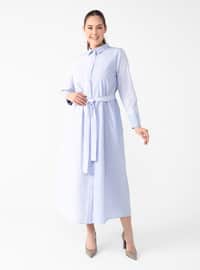 Blue - Stripe - Gingham - Unlined - Point Collar - Plus Size Dress