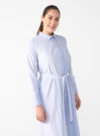 Blue - Stripe - Gingham - Unlined - Point Collar - Plus Size Dress