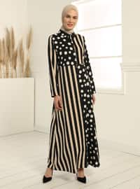 Gold - Black - Stripe - Gingham - Point Collar - Unlined - Modest Dress