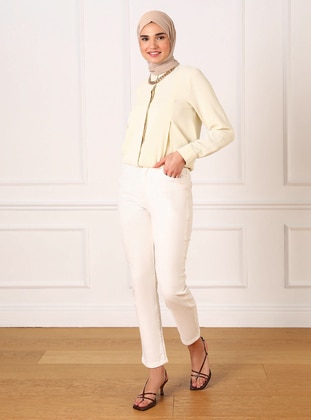 Mom Kalıp Likralı Yüksel Bel Jean Pantolon - Beyaz - Refka