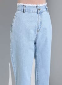 Natural Fabric High Waist Jeans With Fringe Detail Ice Blue