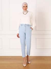 Natural Fabric High Waist Jeans With Fringe Detail Ice Blue