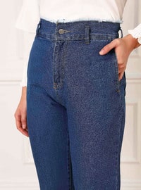 Natural Fabric High Waist Jeans With Fringe Detail İn Indigo