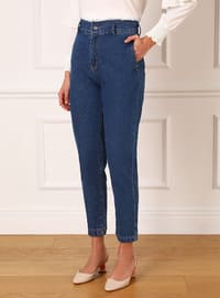 Natural Fabric High Waist Jeans With Fringe Detail İn Indigo