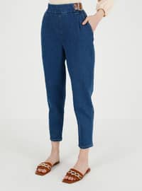 Natural Fabric Belt Detailed Jeans Pants Indigo