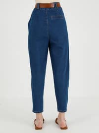 Natural Fabric Belt Detailed Jeans Pants Indigo