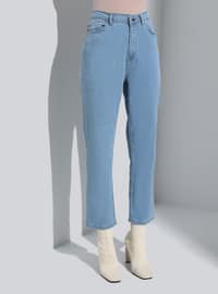 Mom Molded Lycra High Waist Jean Pants Blue
