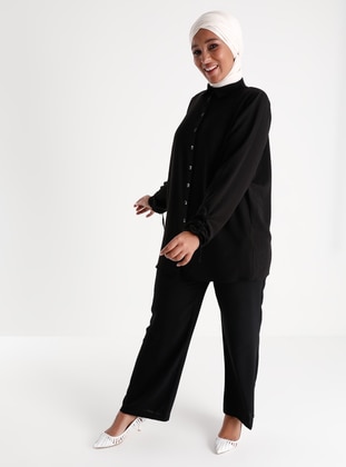 Oversize Elastic Waist Oxford Bag Trousers - Black - Alia