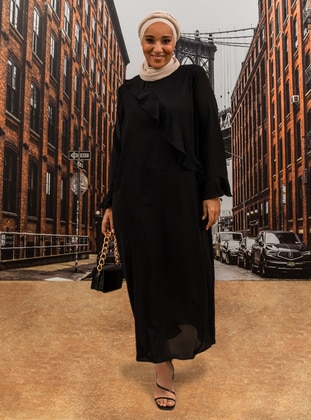 Oversize Ruffle Detailed Textile Dress - Black- Alia