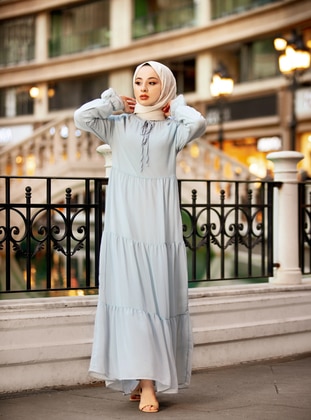 Blue - Crew neck - Fully Lined - Modest Dress - Refka