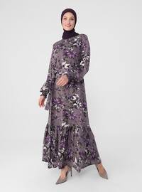 Purple - Floral - Crew neck - Unlined - Modest Dress