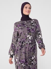Purple - Floral - Crew neck - Unlined - Modest Dress