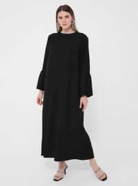 Oversize Sleeves Flounce Detailed Textile Dress - Black