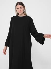 Oversize Sleeves Flounce Detailed Textile Dress - Black