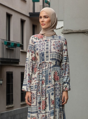 Beige - Floral - Crew neck - Unlined - Modest Dress - Refka