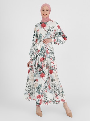 White - Cherry - Floral - Point Collar - Unlined - Modest Dress - Refka