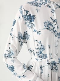White - Blue - Floral - Point Collar - Unlined - Modest Dress