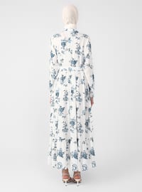 White - Blue - Floral - Point Collar - Unlined - Modest Dress