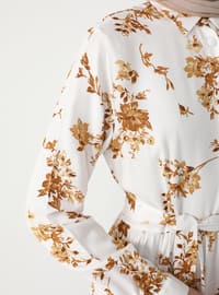 White - Mustard - Floral - Point Collar - Unlined - Modest Dress