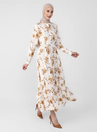 White - Mustard - Floral - Point Collar - Unlined - Modest Dress