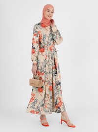 Beige - Salmon - Floral - Point Collar - Unlined - Modest Dress