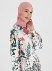 White - Cherry - Floral - Point Collar - Unlined - Modest Dress