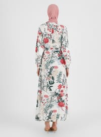 White - Cherry - Floral - Point Collar - Unlined - Modest Dress