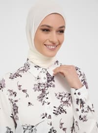 White - Purple - Floral - Point Collar - Unlined - Modest Dress