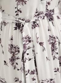 White - Purple - Floral - Point Collar - Unlined - Modest Dress