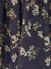 Tie-on Collar Chiffon Relax Fit Dress - Purple Floral Print