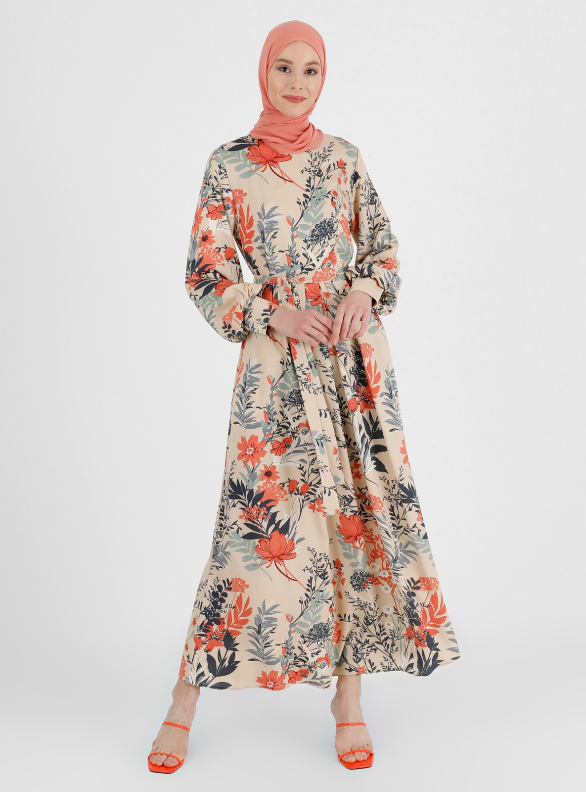 Beige - Salmon - Floral - Point Collar - Unlined - Modest Dress